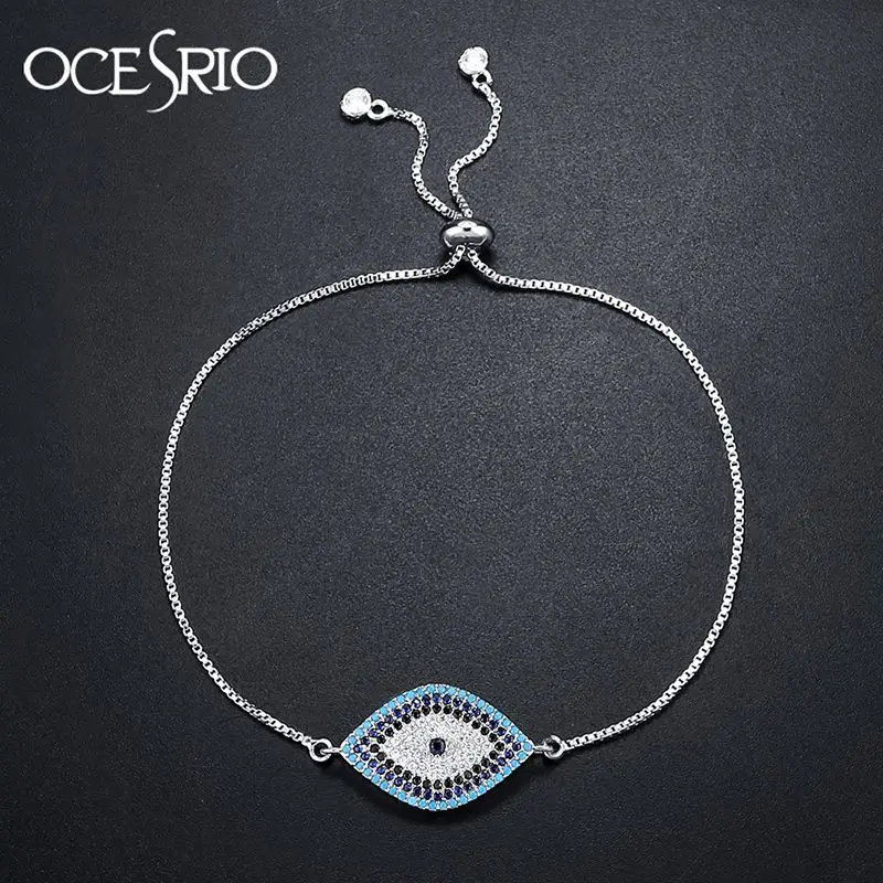 Женский браслет OCESRIO регулируемый Серебристый с цирконием Турецкий Дурной глаз