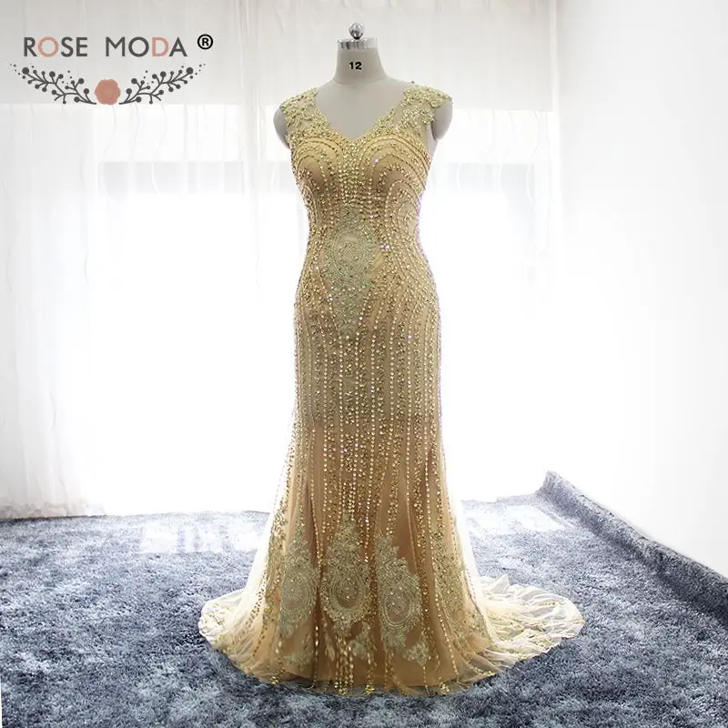 Rose Moda Bling V Neck Gold Mermaid Prom Dress Reflective Dresses 2019