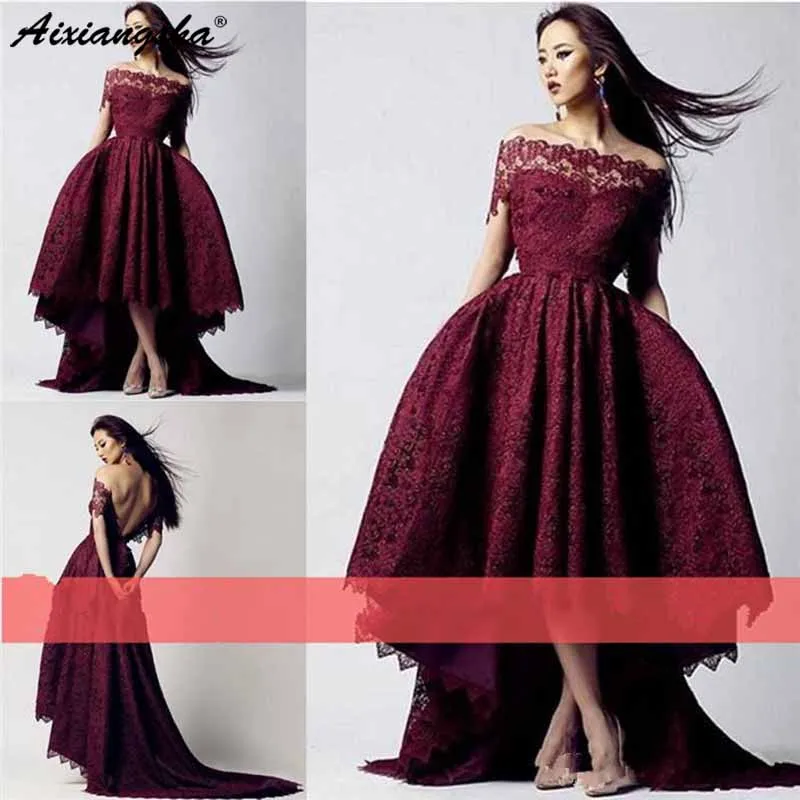 

Burgundy Lace Plus Size Party Dresses Long Formal Occasion High Low Off the Shoulder Backless party evening Gowns