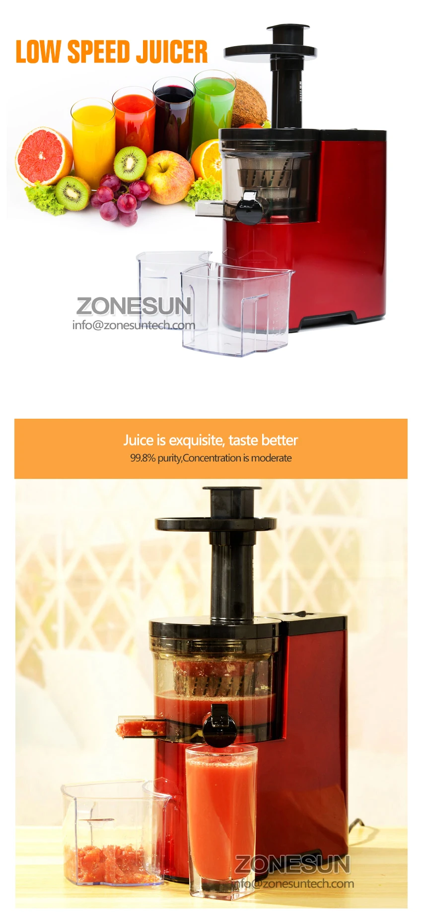 ZONESUN Высококачественная медленная соковыжималка/соковыжималка для фруктов, овощей, цитрусовых, низкая скорость, сделано в Китае