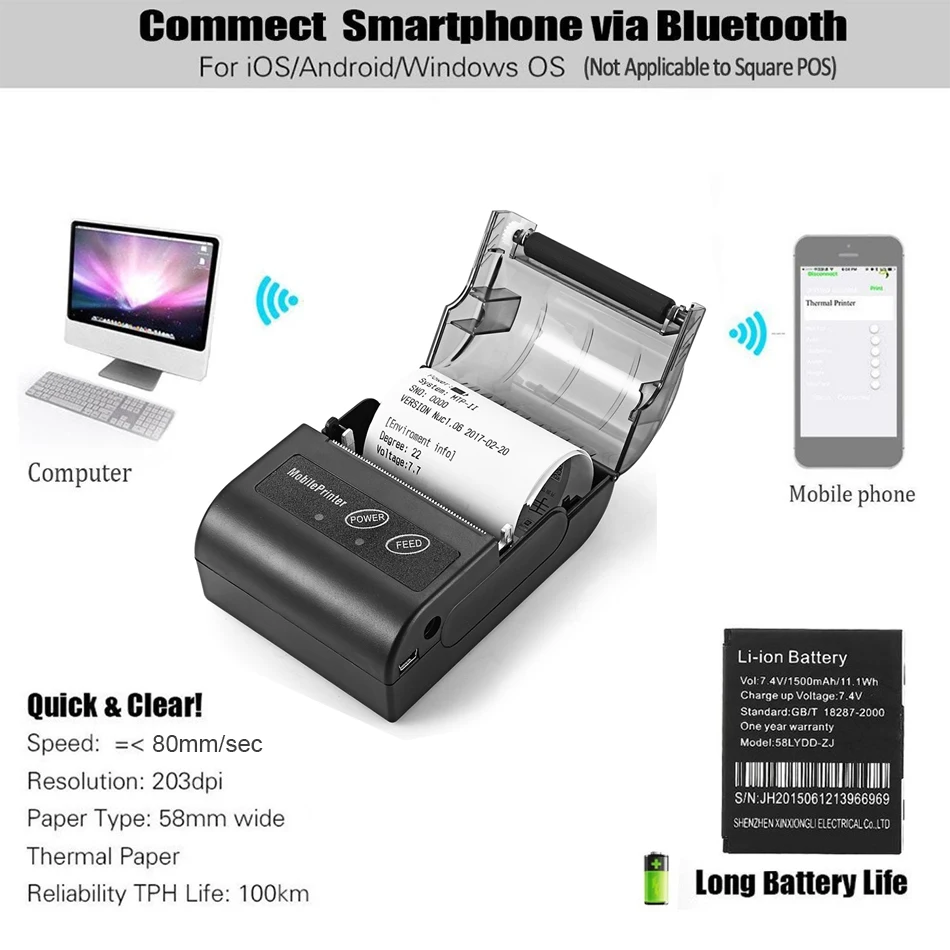 Принтер USB buetooth Термальный чековый бесплатное приложение для мини принтера 58 мм