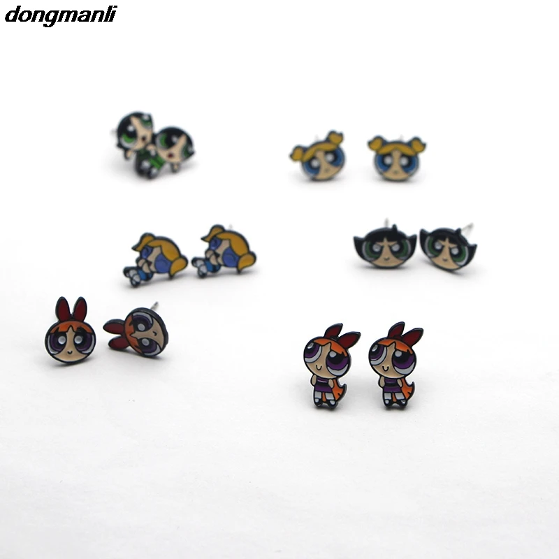 MS1053 DMLSKY Powerpuff серьги для девушек женские модные серьги-гвоздики Очаровательная Сережка с героями мультфильмов милые подарки для детей