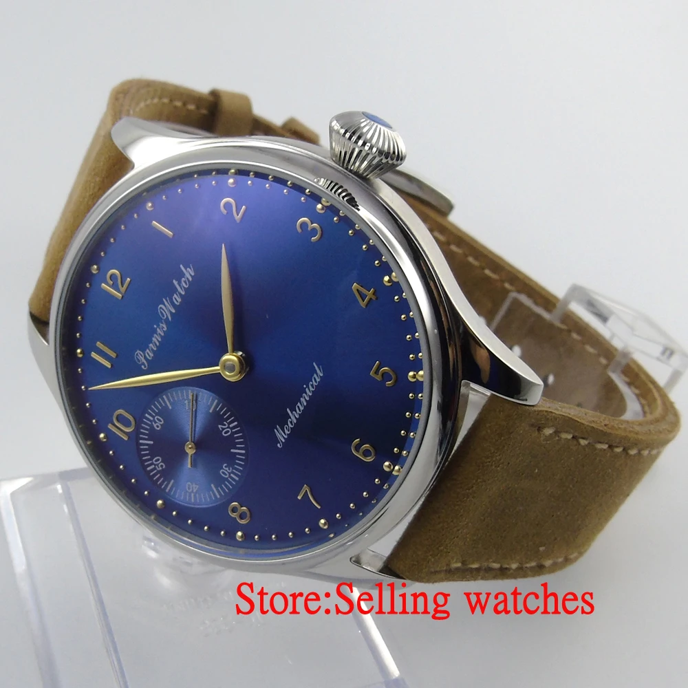 Мужские синие и большие механические часы Parnis с ручным заводом 6497 44 мм|parnis 44mm|hand