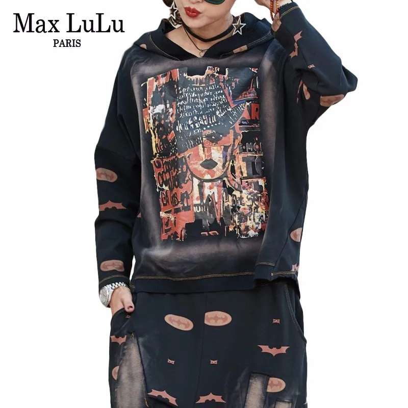 Черный Max LuLu, известный бренд, корейские женские топы с капюшоном и штаны, Женский комплект из двух предметов, спортивный костюм с принтом, женские спортивные костюмы, наряды - Цвет: Черный