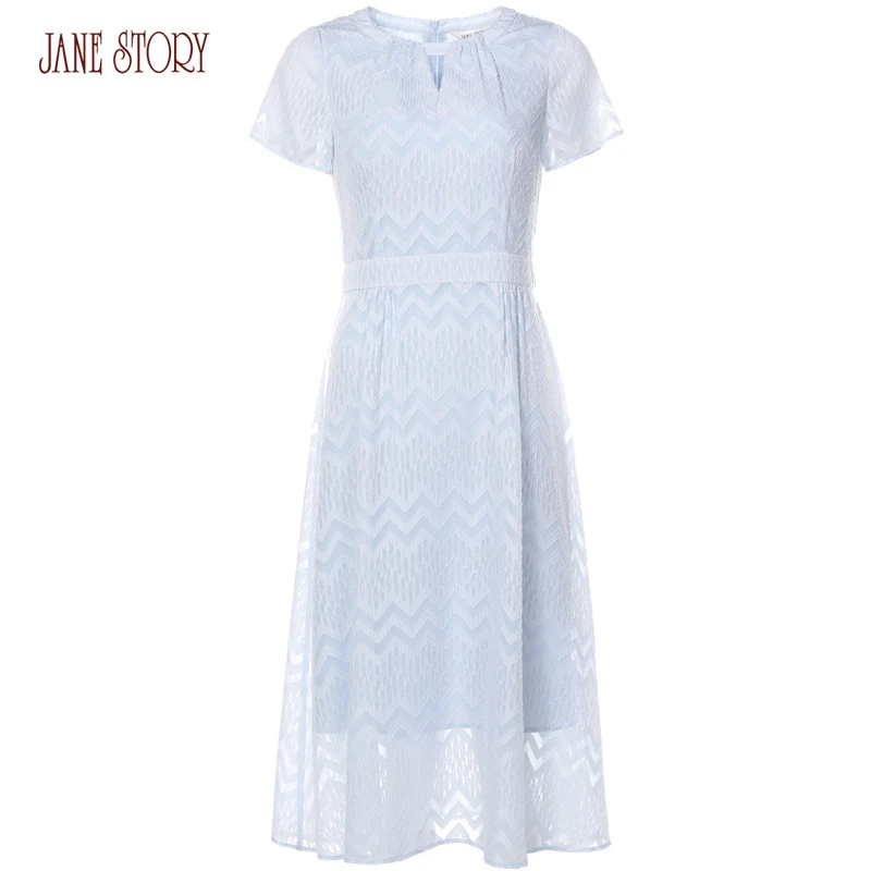 Jane Story 2018 Summer Women Dress O Neck Chiffon Jacquard Flower Elegant Short Sleeve Mid-Calf Office Lady Female | Женская одежда