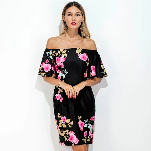 Голое плечо Slash шеи сексуальное платье для Для женщин короткий рукав Цветочный