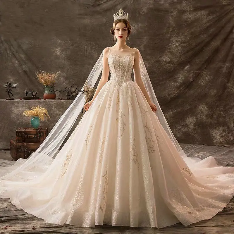 Аманда дизайн халат mariage кепки рукав кружево, аппликация бисером свадебное платье с обертывания