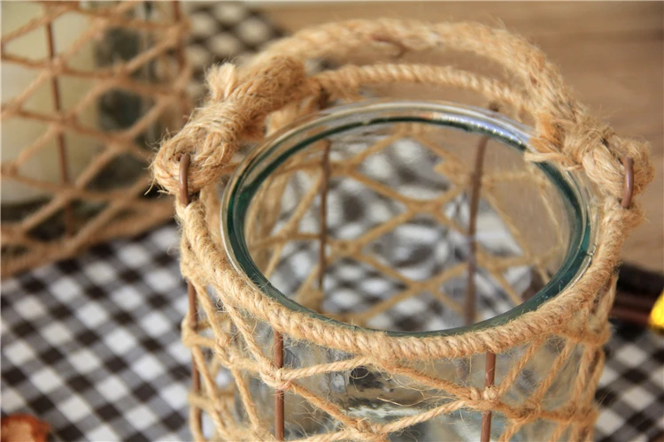 

Modern Glass Lantern Candle Stand Hemp Rope Portable Candle Holder Table Romantic Home Decoration Big Tealight Candle Holder