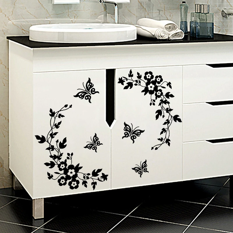 

black classic butterfly flower home wedding decoration wall stickers for living room kitchen bathroom decorative flora mural art