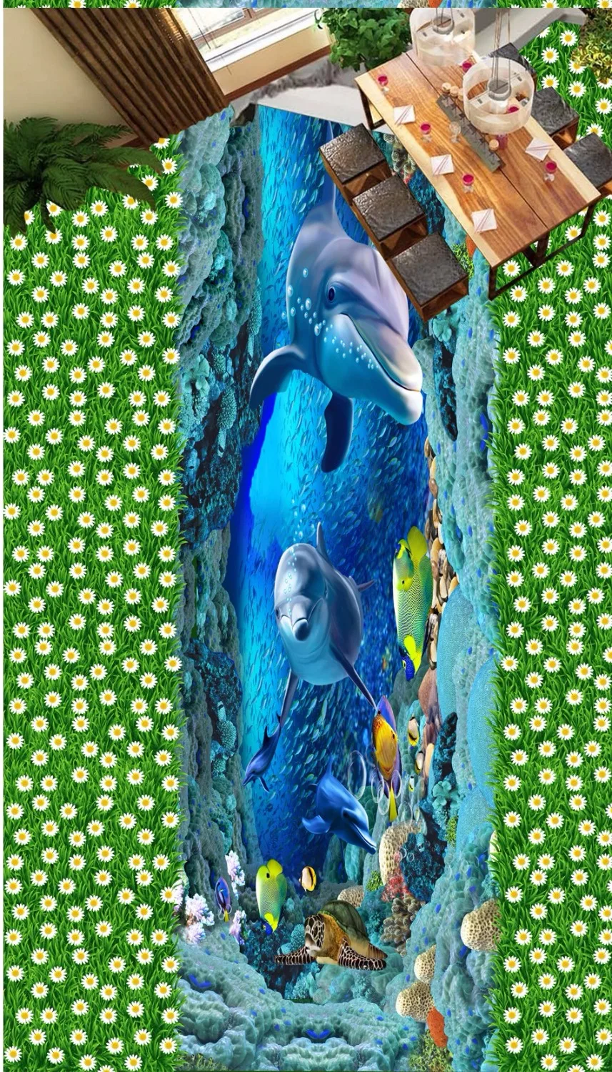 

Free Shipping Green grass flowers sea dolphin bathroom kitchen 3D floor paste bedroom living room flooring wallpaper mural