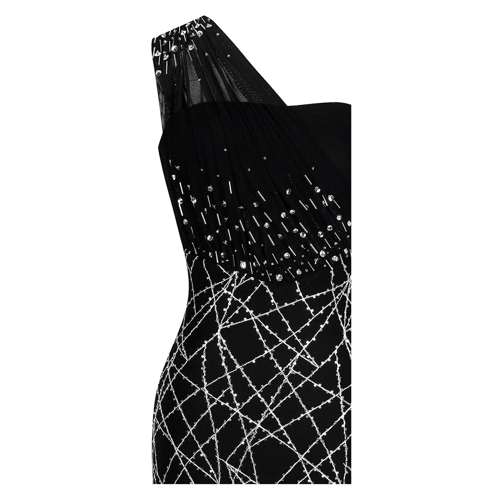 Angel-fashions Women's One Shoulder Evening Dresses Pleat Beading Sequin Mermaid Party Gown Black 391