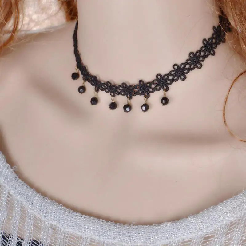 Women Black Beads Pendant Crystal Necklace Bib Chain Jewelry Sexy Lace Choker Necklace Vintage Jewelry Bijoux Femme Collane Gift