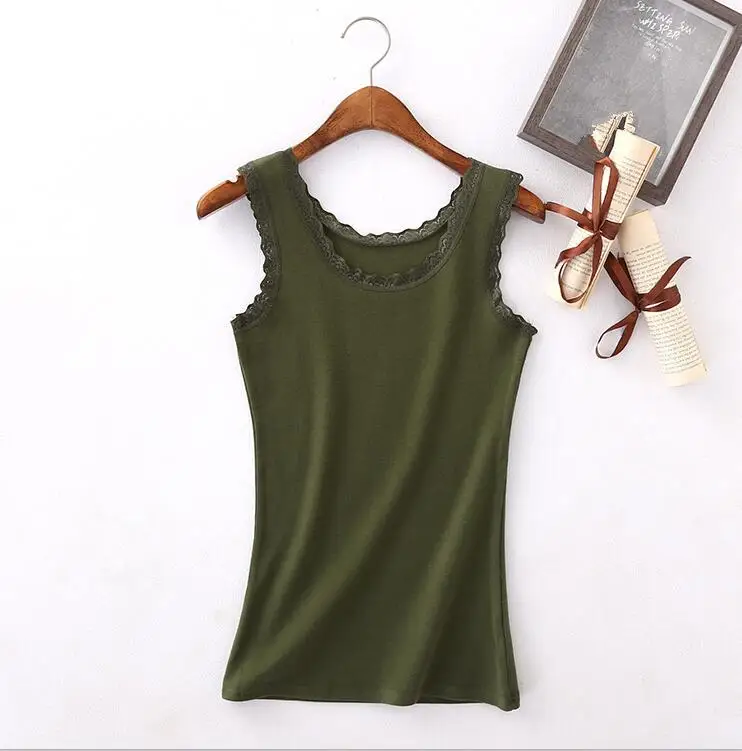 Army green YRRETY майка для женщин фитнес элегантный цветок кружева сплошной Тонкий Модный летний топ без рукавов рубашка одежда для леди - Цвет: Army green