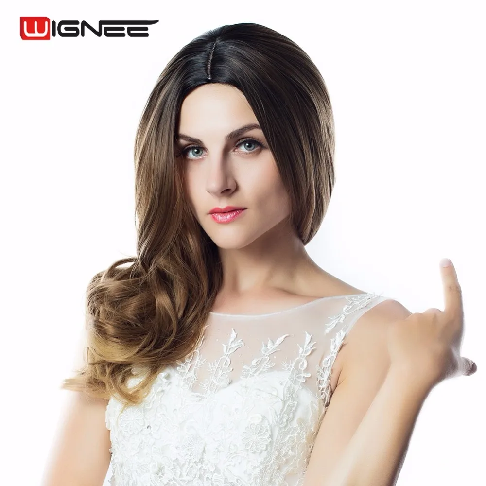 Wignee 3 тона Омбре женский парик черный до коричневый блонд средняя часть термостойкие синтетические парики Косплей волосы для афро-американских