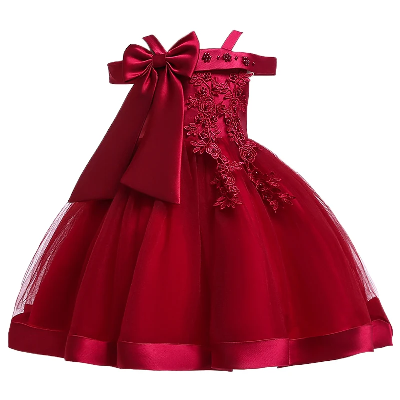 

Girls Flower Embroidery Silk Princess Dress for Girls Wedding Party Bow Tutu Kids Dresses Kids clothes Children Clothing
