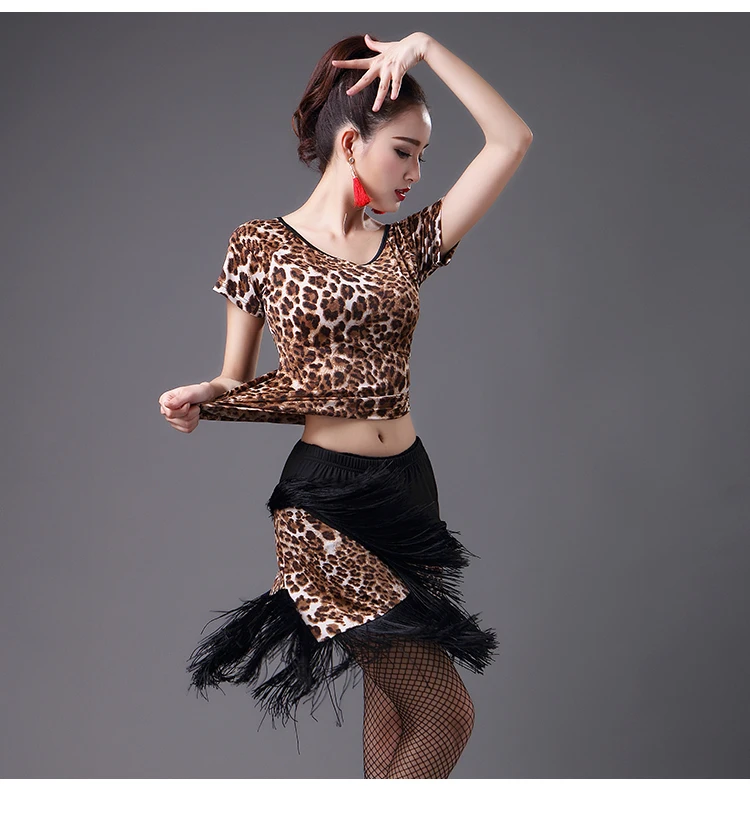 

Latin Dance Costume Short Sleeved Shirt Leopard Tassel Skirt Sets Standard Adult Gymnastic Dance Costumes Tops Black Red S-5XL
