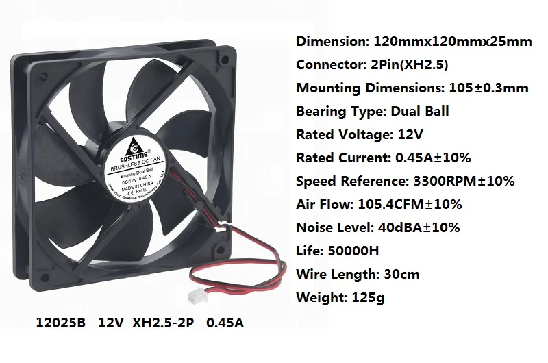 Gdstime 1 шт двойной шар 12 см DC 12 В 120*120*25 мм 0.45A 2Pin 12025 3300 об/мин компьютер процессор кулер PC чехол Вентилятор охлаждения 120 мм x 25 мм