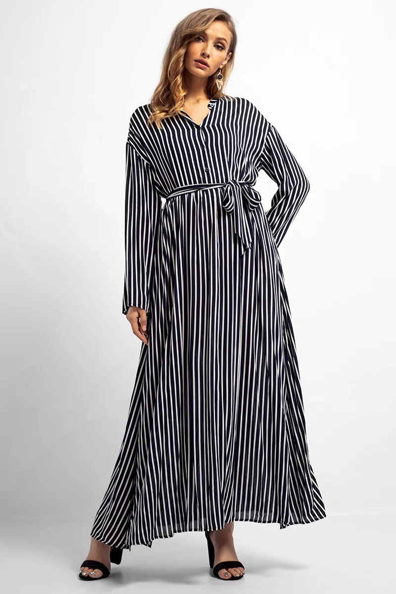 Women Abaya Fashion Striped Patchwork Muslim Buttons Arabic Gown Kaftans & Jubah Ramadan Kimono Female ZD83021 | Тематическая