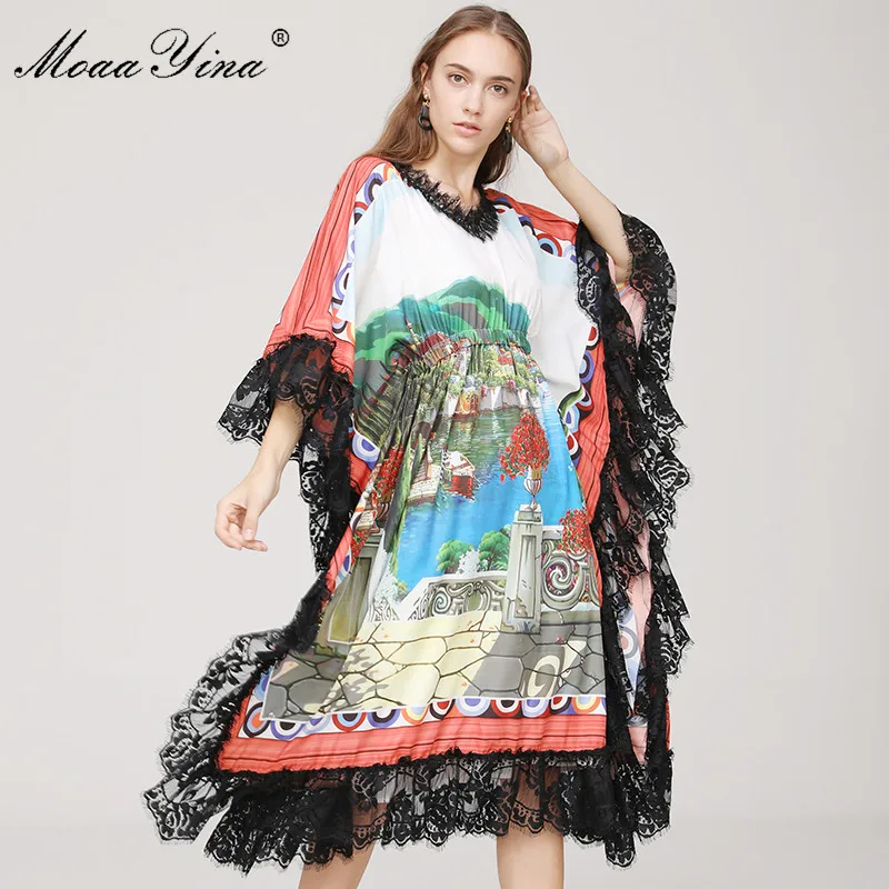 Женское кружевное платье MoaaYina дизайнерское Свободное в богемном стиле с v