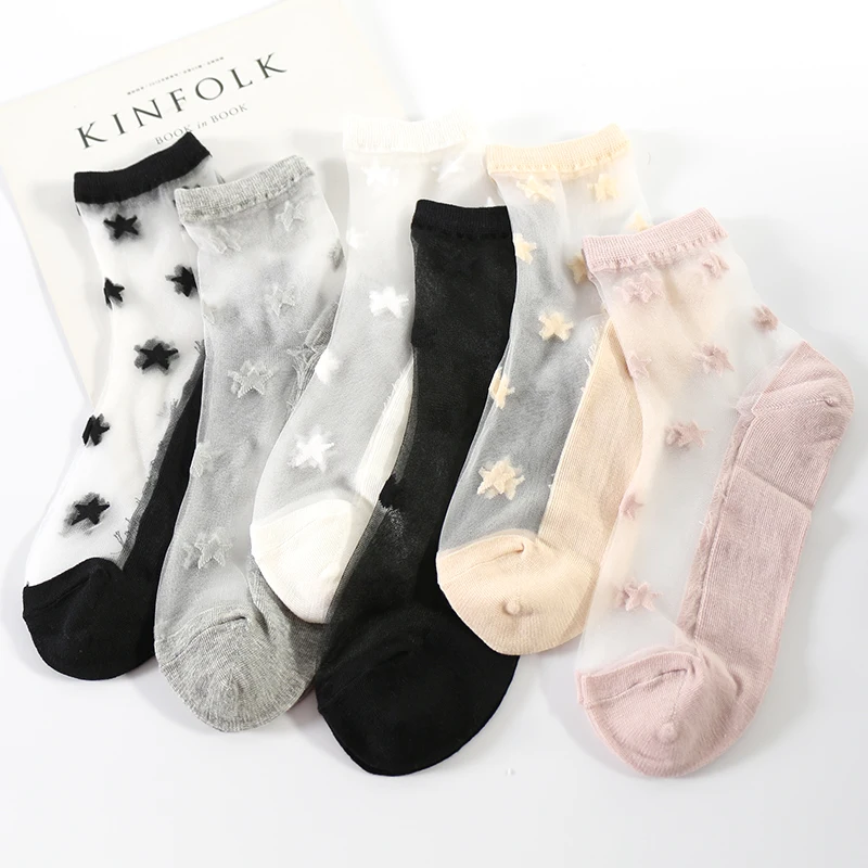 Novelty 5 Pairs/Lot Women Summer Cotton Five-Pointed Stars Hollow Cool Short Socks Femme Thin Breathable Korean Cute Calcetines