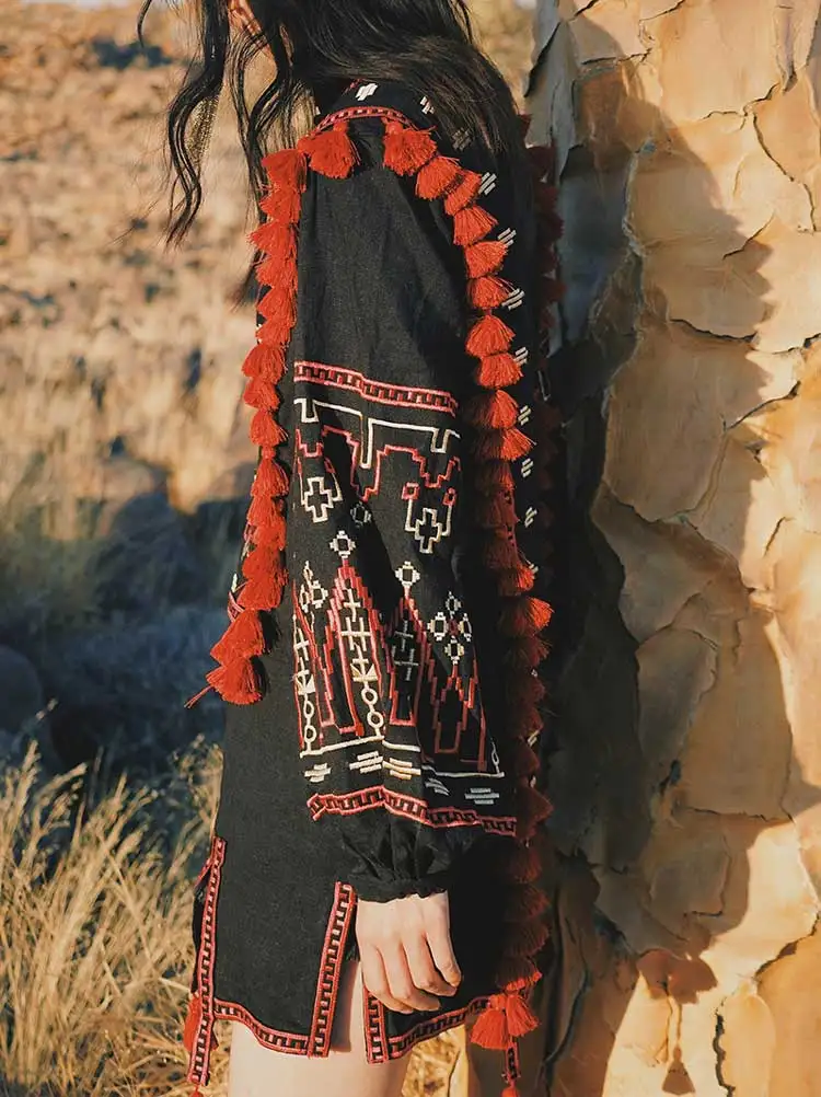 Boho Inspird женская блузка рубашка Ретро Народная украинская вышивка блузки в богемном стиле бахрома с кисточками Топ с длинным рукавом льняные блузы