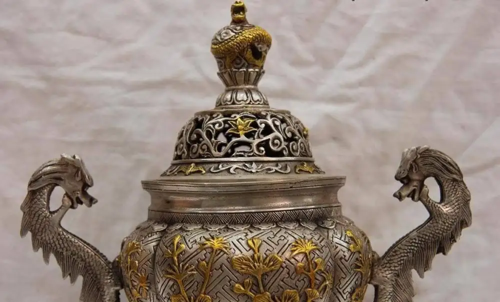 Китай белый медный Серебряный Два дракона слон кадильница для ароматерапии