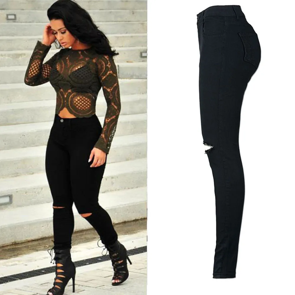 

Fashion Hole Jean slim femme 2019 Women Slim Pencil Trousers Ripped Knee Cut Skinny Hole Long Jeans Black Pants z0312