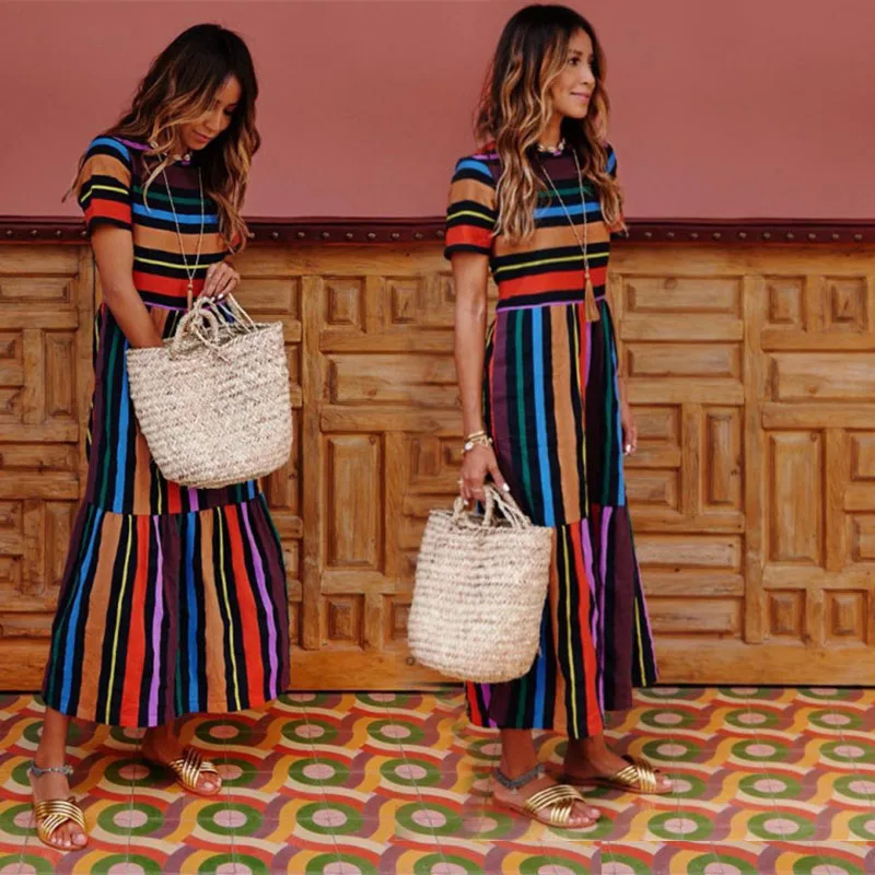 Женское богемное Платье макси с коротким рукавом летнее пляжное платье в полоску