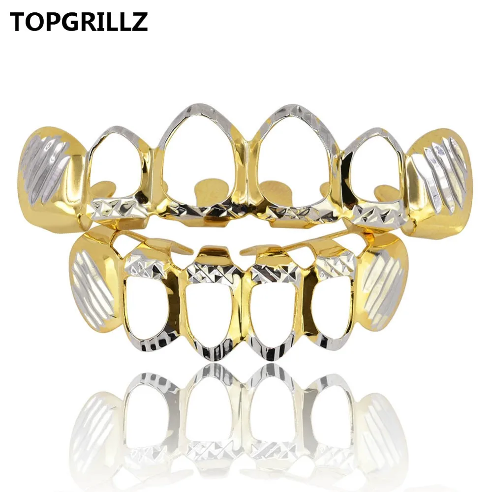 TOPGRILLZ D Cut Grillz набор чистый позолоченный Топ и нижние зубы 4 открытые хип хоп грили