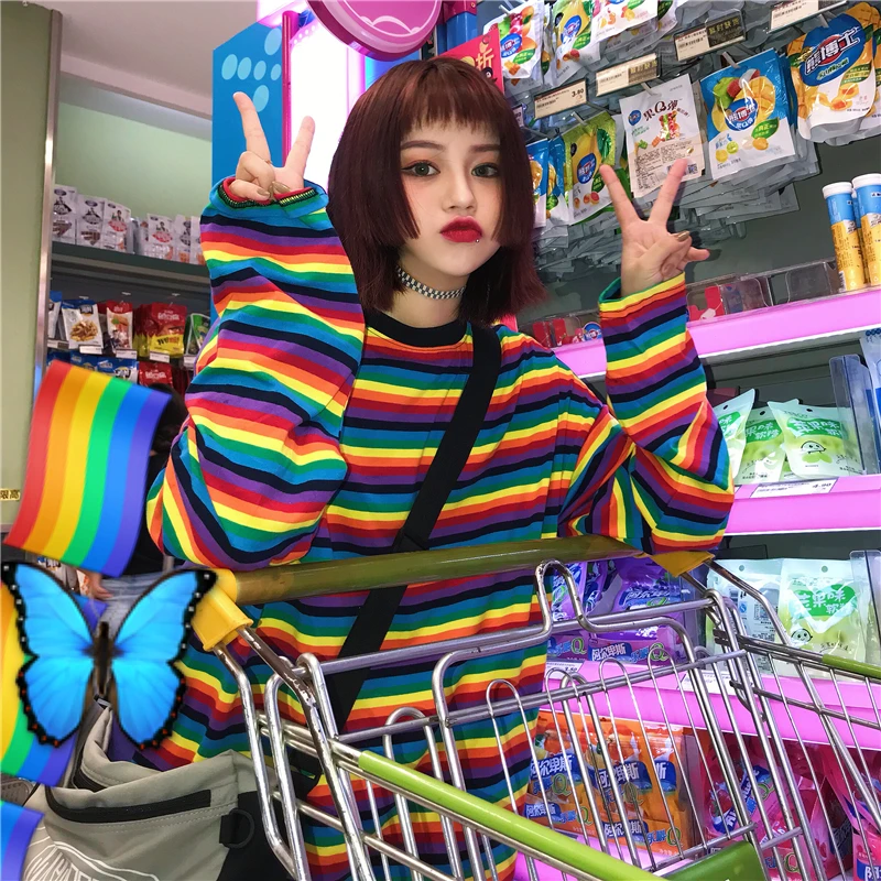 Осень Корея ulzzang Harajuku bf Топы радужные полосы модная повседневная футболка с длинными рукавами уличная свободная с круглым вырезом Женская футболка