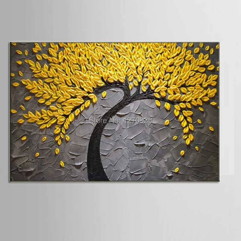 Популярный золотой пейзаж на удачу с золотым деревом ручная роспись ножом желтым