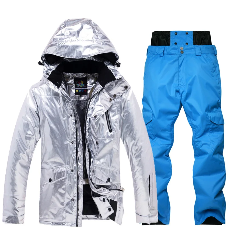 Блестящее серебро мужской женский лыжный костюм зимняя теплая