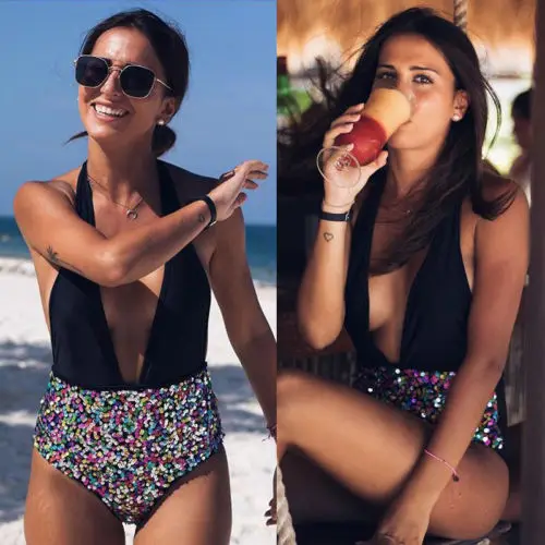 Сексуальный женский слитный купальник бикини с блестками и высокой талией пуш ап