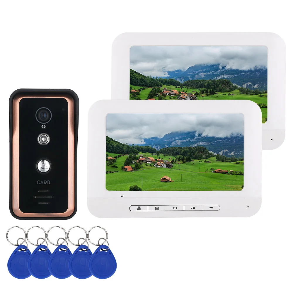 

2 Monitor 7 inch Color Video Intercom Door Phone System With RFID Card Reader HD Doorbell 1000TVL IR-CUT Camera