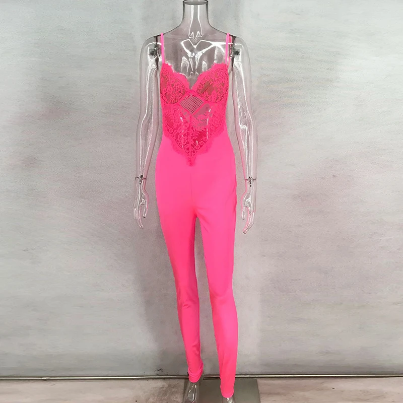 Neon Pink NewAsia, эластичный атласный комбинезон, летний, на тонких бретельках, кружевной топ-бюстье, Облегающий комбинезон для женщин, сексуальный комбинезон, Новинка - Цвет: Neon Pink