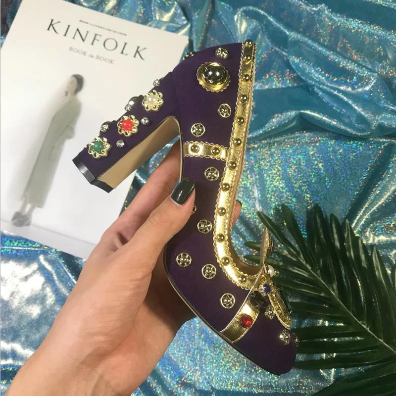 

Retro Rhinestone Pearl Embellished Women Pumps Suede Leather Block Heel Vintage Formal Party Shoes