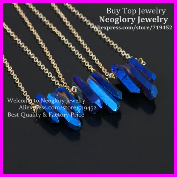 

5PCS Raw Blue Flame Rainbow Titanium Aura Cryatal Quartz Spike Necklace Rough Druzy Point Arrow Boho Gems with Gold Brass Chain