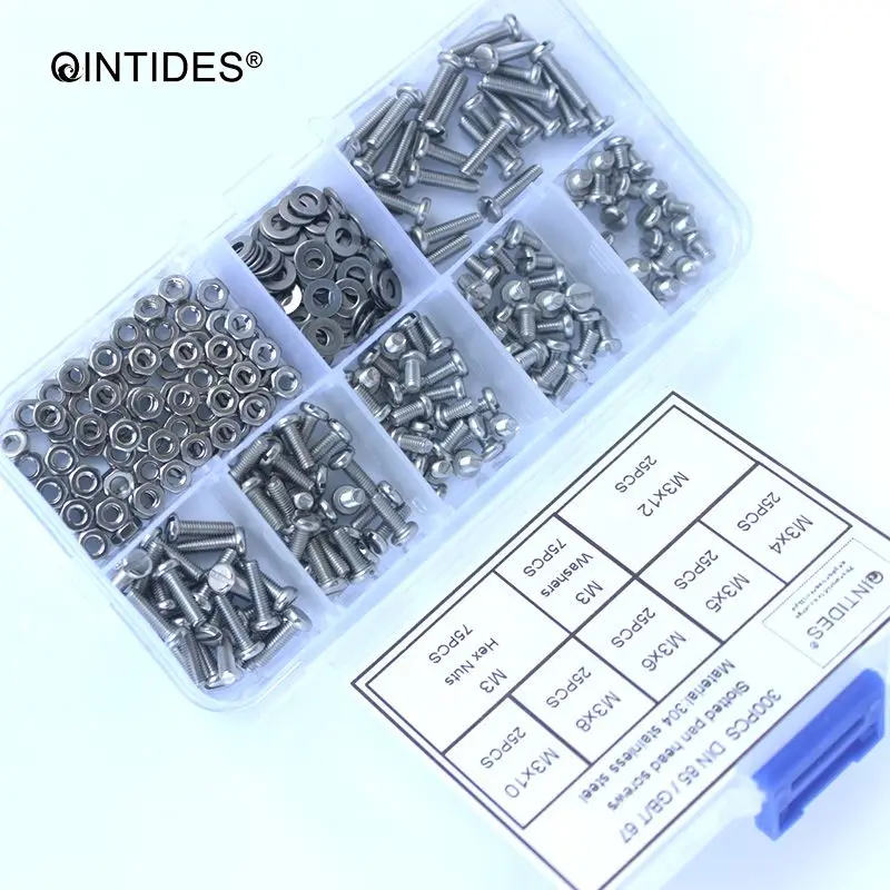 QINTIDES M1.6 M2 M2.5 M3 300 шт. смешанные шлицевые винты для головки сковороды Ассорти набор