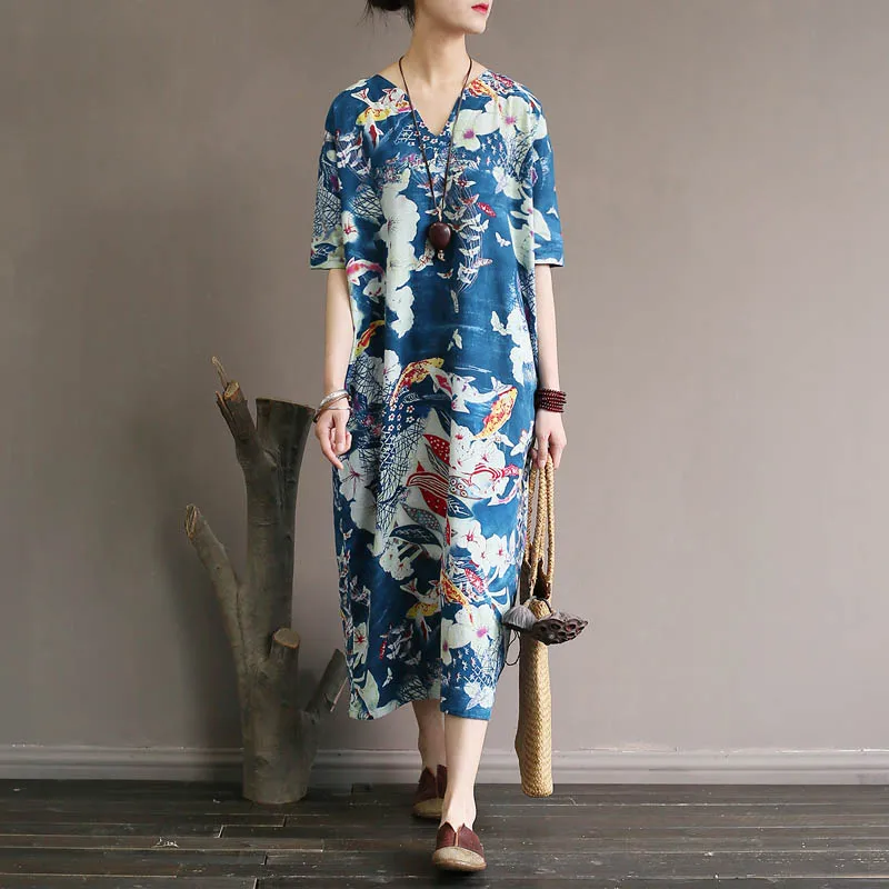 

floral Print Robe Dresses New Summer Women Blue Color V-Neck Half Sleeve Loose Pullover Cotton Linen Dresses