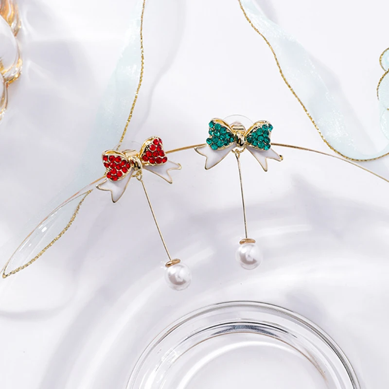 925 Silver Pin Christmas Inlaid Color Full Zircon Bow Pearl Dangle Earrings Long Tassels Back Hanging Drop Earring for Women | Украшения и