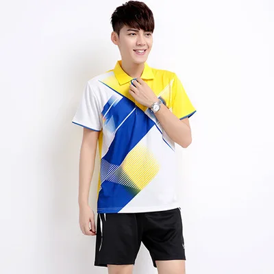 Male A9810 yellow Новая футболка для бадминтона+ шорты футболки для пары для игры в настольный теннис, футболка, дышащая быстросохнущая Мужская/Женская теннисная футболка с поездами - Цвет: Male A9810 yellow