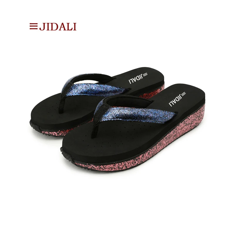 JIDALI/Модные женские шлепанцы на танкетке розовые и синие цвета уличные Шлепанцы