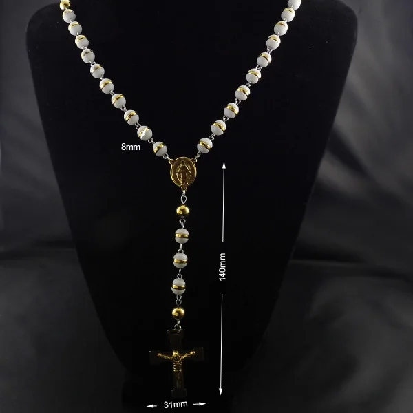 Модное ожерелье с крестом из нержавеющей стали золотым 8 мм черно-белые бусины