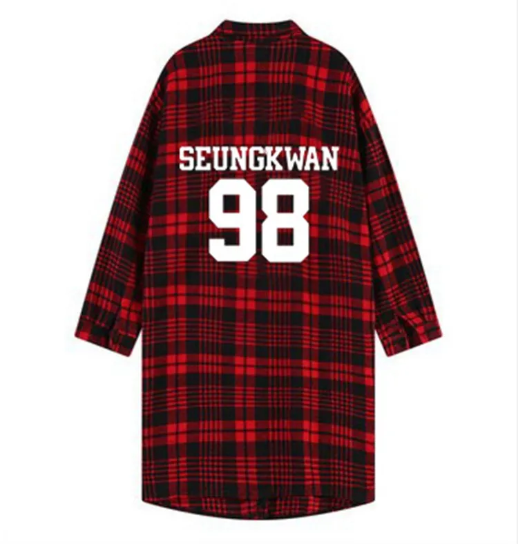 Kpop/пальто Seventeen, рубашка унисекс, K-pop, одежда Polito Seventeen17, красный, черный клетчатый Тренч, с отворотом, длинный рукав, Свободный свитшот 17