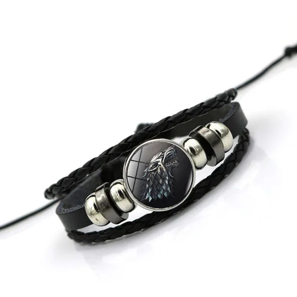 

Stark Wolf Glass Cabochon Leather Bracelets Multi Layers Weave Handmade Punk Black Men Bracelets