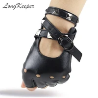 longkeeper 1 pair half finger pu leather gloves women rock punk style rivet fingerless black gloves new mittens luvas
