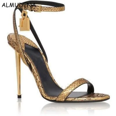 

Hollow Out Buckle Lock Pendant Leather Nubuck Solid Snakeskin Python Thin High Heel Sandals Lady Sexy High Heels Banquet Shoes