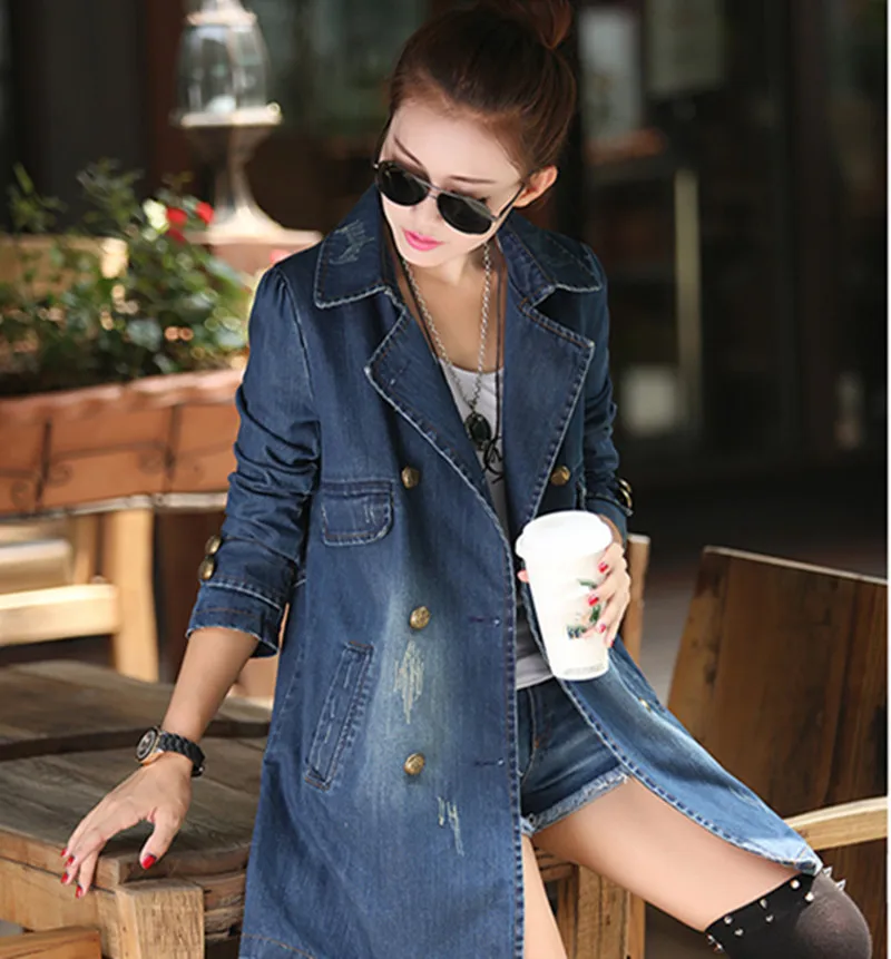 Женская длинная джинсовая куртка Повседневная двубортная Свободная из денима с
