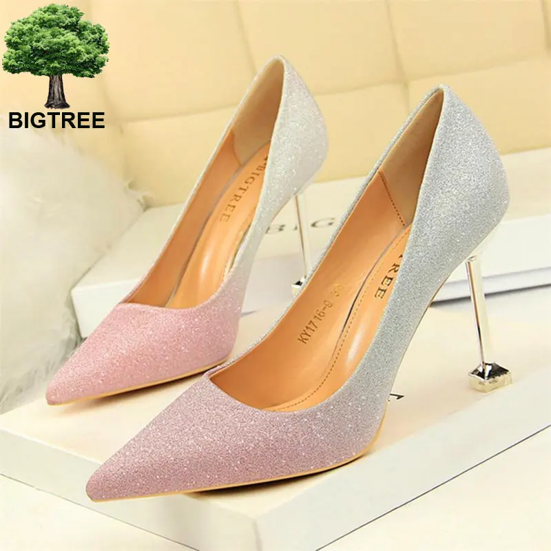 

Bigtree Star Style Shiny Mixed Color Sequined Cloth High Heels Shoes Women's Wedding Shoes Pointed Toe Shallow Women Pumps