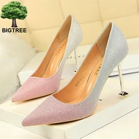 bigtree star style shiny mixed color sequined cloth high heels shoes womens wedding shoes pointed toe shallow women pumps